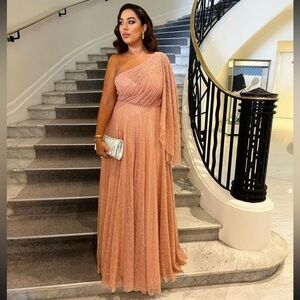 Mac Duggal Lace One Shoulder Illusion Sleeve A Line salmon Gown- NWT size‎ 4
